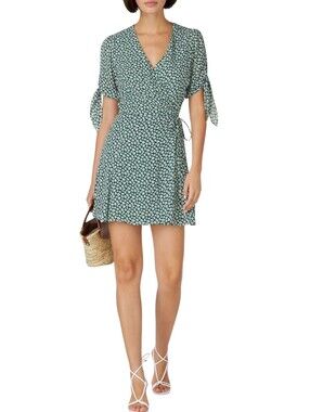 Reformation Sammy Green & White Floral Wrap Mini Dress Size Small